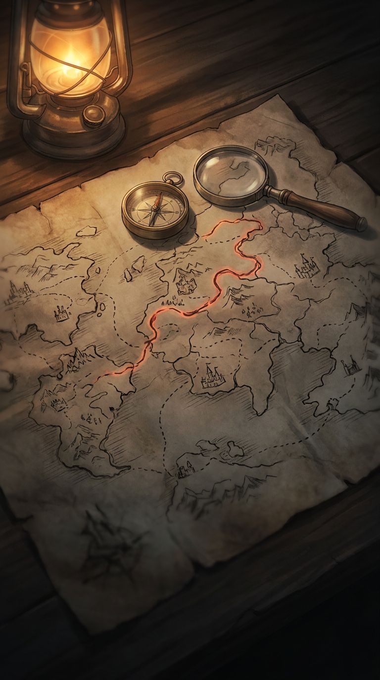 Um mapa antigo sob a lanterna, com a rota marcada